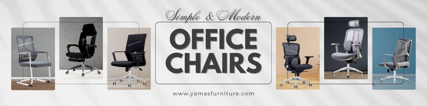 Banner showcasing a variety of modern office chairs with the text "Simple & Modern OFFICE CHAIRS" and a website URL.